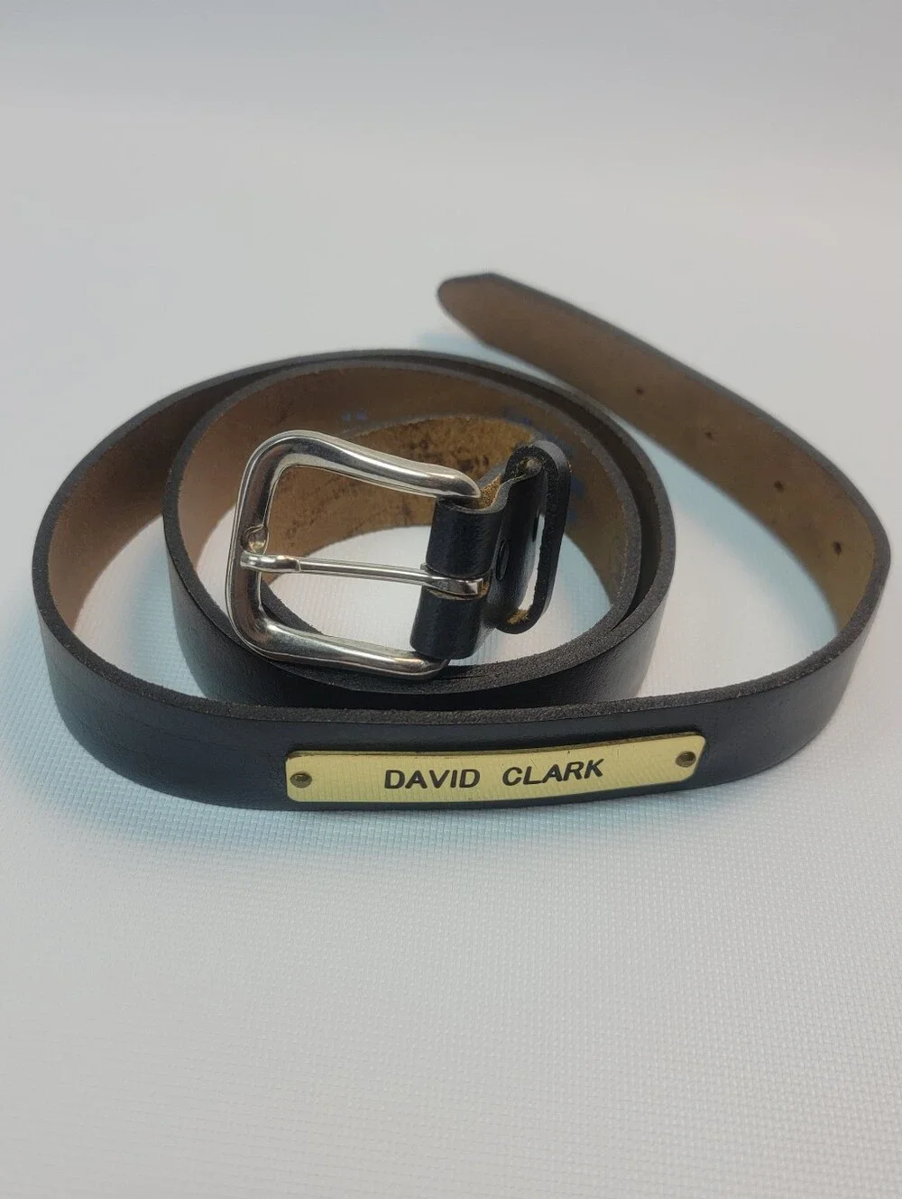 Mens 44 Black TopGrain OilTan Leather Belt Silver Buckle Nameplate 